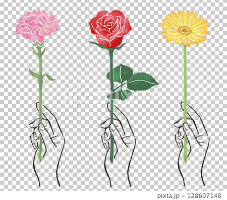カラフルな一輪の花を持つ手のイラスト 128607148
