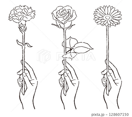 一輪の花を持つ手の線画イラスト 128607150