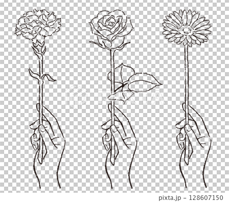 一輪の花を持つ手の線画イラスト 128607150