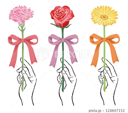 リボンがついたカラフルな一輪の花を持つ手のイラスト 128607152