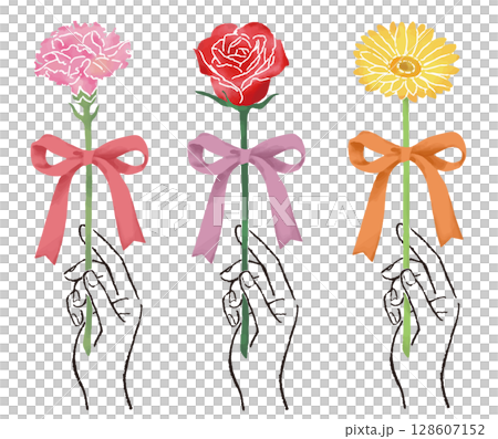 リボンがついたカラフルな一輪の花を持つ手のイラスト 128607152