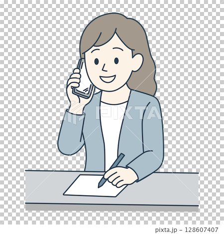 打電話的年輕女子（藍色西裝，彩色） 128607407