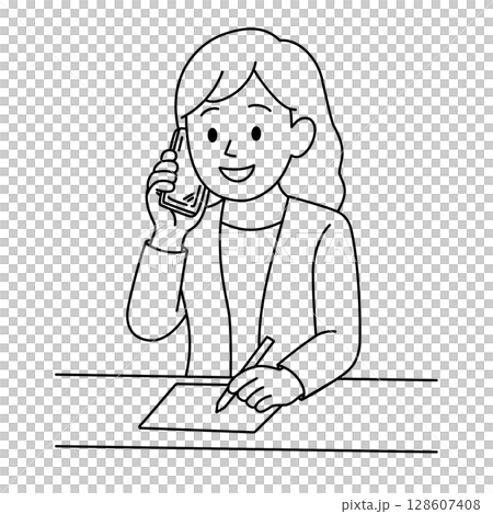 一位年輕女子在打電話(穿西裝,線條畫) 一位年輕女子在打電話(穿西裝,線條畫) 128607408