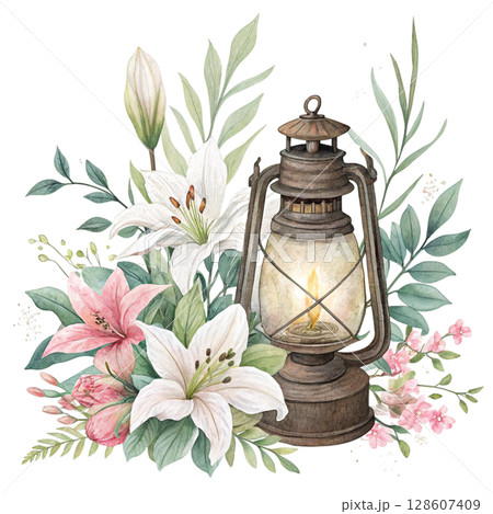 Flowers and lanterns Clipart Watercolor  128607409