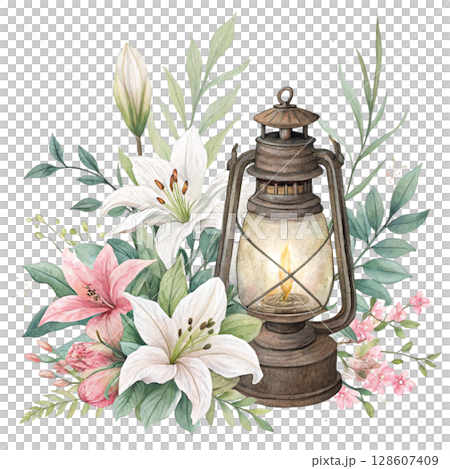 Flowers and lanterns Clipart Watercolor  128607409