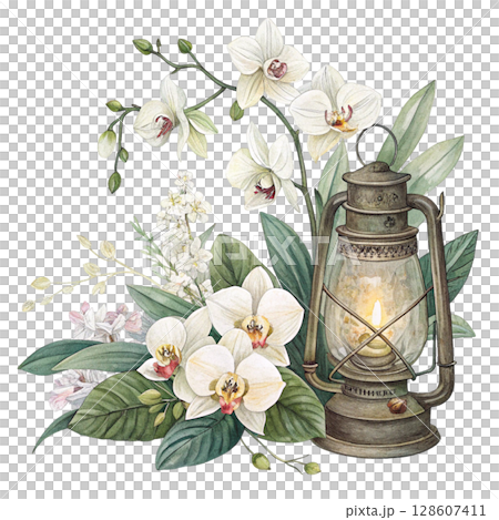 Flowers and lanterns Clipart Watercolor  128607411