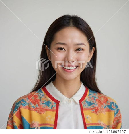 笑顔の女性・カラフルな和柄ジャケットが印象的なポートレート 笑顔の女性・カラフルな和柄ジャケットが印象的なポートレート 128607467