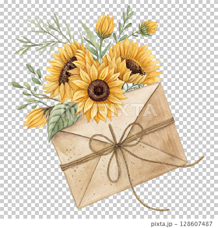 Flowers emerge from an envelope Clipart Watercolor  128607487