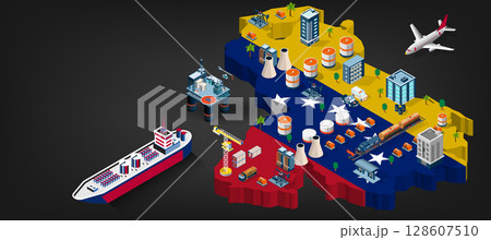 Venezuela oil and gas industry concept with Offshore crude extraction, transportation, refinery plant, fuel tanker ship rail tanks. Venezuela oil and gas industry concept with Offshore crude extraction, transportation, refinery plant, fuel tanker ship rail tanks. 128607510