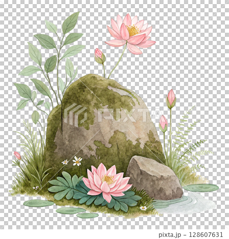 Rocks flowers minimalist Clipart watercolor  128607631