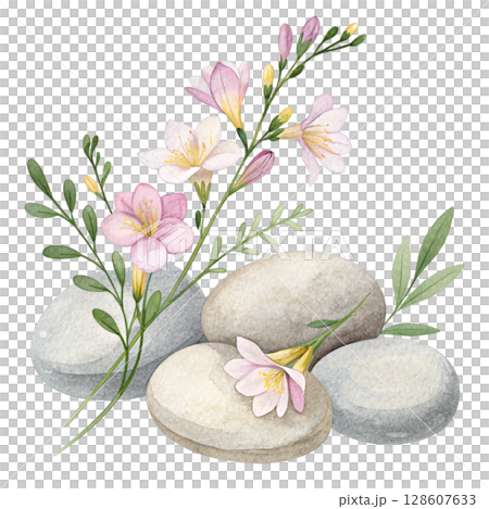 Rocks flowers minimalist Clipart watercolor  128607633
