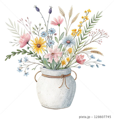 Flower pot painted with watercolors Flower pot painted with watercolors 128607745