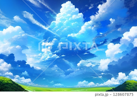 ゲーム背景　入道雲の青空夏空の地平線風景 128607875