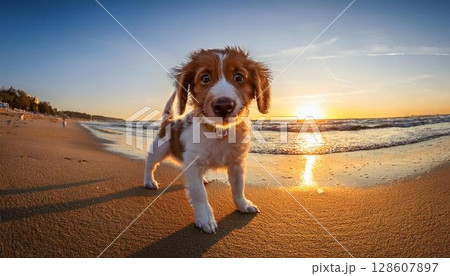 海辺で夕日を背景に遊ぶコーイケルホンディエの子犬 128607897
