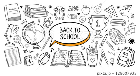 Back to School Doodle Sketch Set with Educational Elements 128607935