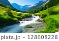 夏の清流と山々 128608228