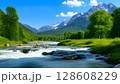 夏の清流と山々 128608229