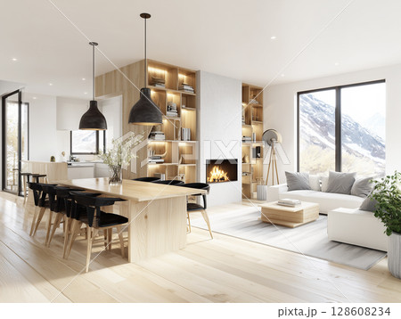 AI生成画像　モダンなスカンジナビア風新築住宅のリビングルーム 128608234