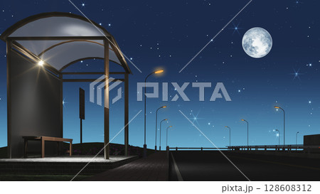 バス停にぽっかりと浮かぶ満月 128608312