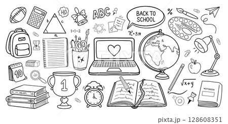 School supplies set. Doodle Sketch Set with Educational Elements 128608351