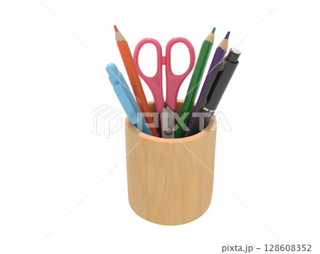 机やデスク上のクラシカルな木製のペン立てと文具 128608352