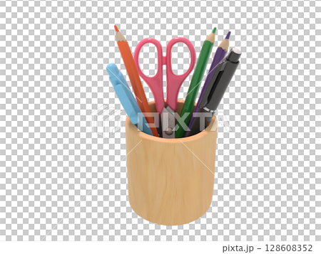 机やデスク上のクラシカルな木製のペン立てと文具 128608352