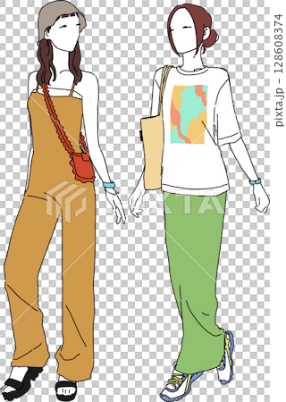 夏フェスを楽しむカジュアルな女性たちのファッションイラスト 128608374