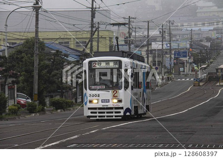 【大ロゴぼかし難運転手ぼかし済】谷地頭電停を出発した路面電車 函館市青柳町 【大ロゴぼかし難運転手ぼかし済】谷地頭電停を出発した路面電車 函館市青柳町 128608397