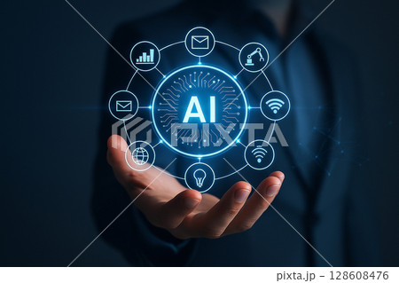 AI generated image showing a human hand projecting a glowing AI interface surrounded by futuristic icons representing technology security communication and intelligence 128608476
