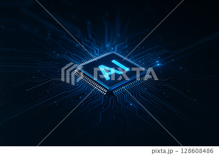 AI generated closeup rendering of a glowing microchip labeled AI placed at the center of a high tech motherboard with radiant blue and purple circuit pathways representing fast data flow 128608486