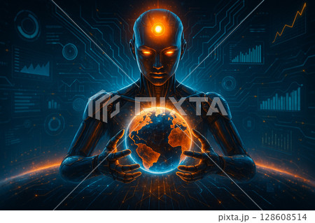 AI generated digital artwork of a humanoid robot analyzing and controlling global data with a glowing Earth interface in a sci-fi environment using vivid modern colors 128608514