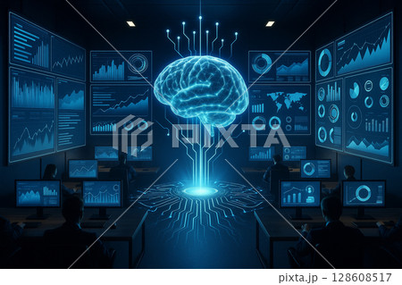 AI generated high tech command center showing human operators and glowing digital brain surrounded by dashboards symbolizing real time data analysis intelligent decision making in futuristic business AI generated high tech command center showing human operators and glowing digital brain surrounded by dashboards symbolizing real time data analysis intelligent decision making in futuristic business 128608517
