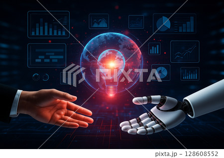 AI generated futuristic image showing a symbolic interaction between a human hand and a robotic hand reaching toward each other over glowing digital globe surrounded by data charts interface overlays 128608552