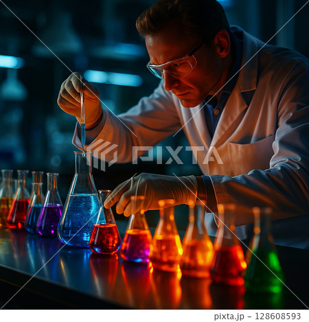 AI generated realistic image of a male scientist in a modern laboratory using a pipette with intense focus surrounded by glowing colorful chemical flasks in a futuristic science experiment scene AI generated realistic image of a male scientist in a modern laboratory using a pipette with intense focus surrounded by glowing colorful chemical flasks in a futuristic science experiment scene 128608593