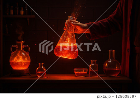 AI generated glowing red flask held by cloaked figure in a mystical dark alchemy lab with fire energy potion experiment and ancient scientific atmosphere 128608597