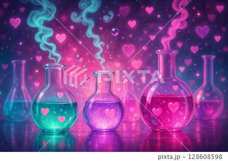 AI generated vibrant fantasy scene of glowing heart-filled liquids in colorful lab glassware with magical smoke in a romantic science fiction atmosphere 128608598