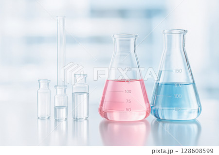AI generated clean laboratory glass flasks with pink and blue fluid in a bright sterile setting symbolizing precision research purity and scientific professionalism 128608599