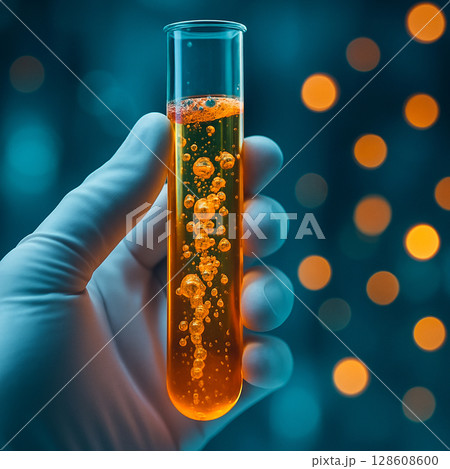 AI generated closeup of a white gloved hand holding a glowing test tube filled with bubbling golden liquid against a teal background with floating light orbs 128608600