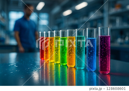 AI generated high precision rainbow colored test tubes arranged on reflective lab table showing active chemical reactions in vibrant modern laboratory setting 128608601