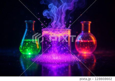 AI generated boiling purple liquid in glowing flask emits magical steam surrounded by colorful sci-fi lab bottles in fantasy atmosphere 128608602