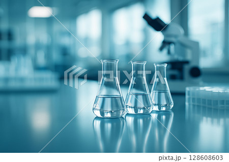 AI generated a sterile scientific laboratory with three transparent Erlenmeyer flasks placed in symmetry on a glossy blue surface under soft natural artificial lighting in modern research environment 128608603