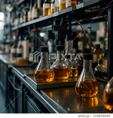 AI generated a clean industrial laboratory with rows of Erlenmeyer flasks filled with amber liquid on metal trays under structured shelves in a precise automated chemical process environment 128608689