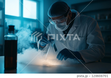 AI generated a scientist handling glassware in a high tech lab filled with mist from cold chemical reactions under soft blue natural light atmosphere 128608701