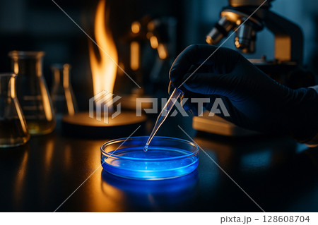 AI generated closeup of gloved hand using pipette to drop chemical into glowing blue petri dish under warm and cool lighting in a realistic science laboratory environment 128608704