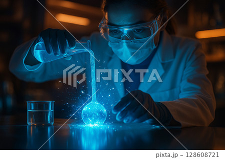 AI generated image of female scientist pouring glowing blue liquid in hightech lab with sparks and reflections in a sci fi artistic atmosphere AI generated image of female scientist pouring glowing blue liquid in hightech lab with sparks and reflections in a sci fi artistic atmosphere 128608721