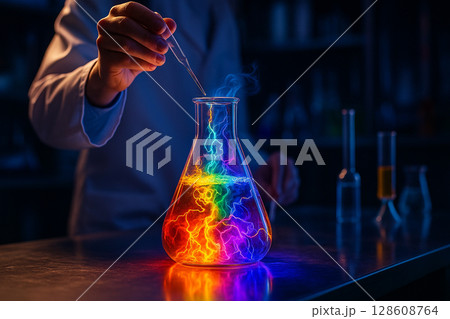 AI generated a vibrant chemical reaction in a lab flask glowing with rainbow light and dynamic energy captured mid experiment under dramatic lighting AI generated a vibrant chemical reaction in a lab flask glowing with rainbow light and dynamic energy captured mid experiment under dramatic lighting 128608764