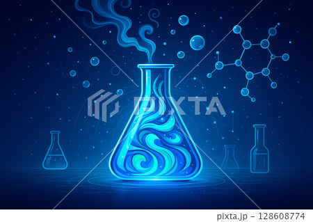 AI generated surreal science illustration of a glowing flask with swirling blue liquid vapor and floating molecules in a futuristic digital space with clean abstract composition AI generated surreal science illustration of a glowing flask with swirling blue liquid vapor and floating molecules in a futuristic digital space with clean abstract composition 128608774