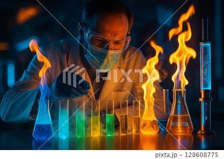 AI generated intense science experiment with colorful flames rising from test tubes as masked scientist works with focus under contrast lighting in a dramatic lab scene 128608775