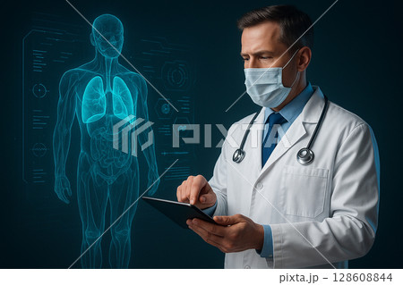 AI generated a male doctor in white coat using tablet to examine transparent human lungs in a glowing holographic display futuristic medical technology concept AI generated a male doctor in white coat using tablet to examine transparent human lungs in a glowing holographic display futuristic medical technology concept 128608844