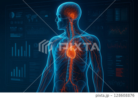 AI generated futuristic male anatomy scan with glowing skeleton blood vessels and digital HUD on dark background for advanced medical technology and scientific diagnostics AI generated futuristic male anatomy scan with glowing skeleton blood vessels and digital HUD on dark background for advanced medical technology and scientific diagnostics 128608876